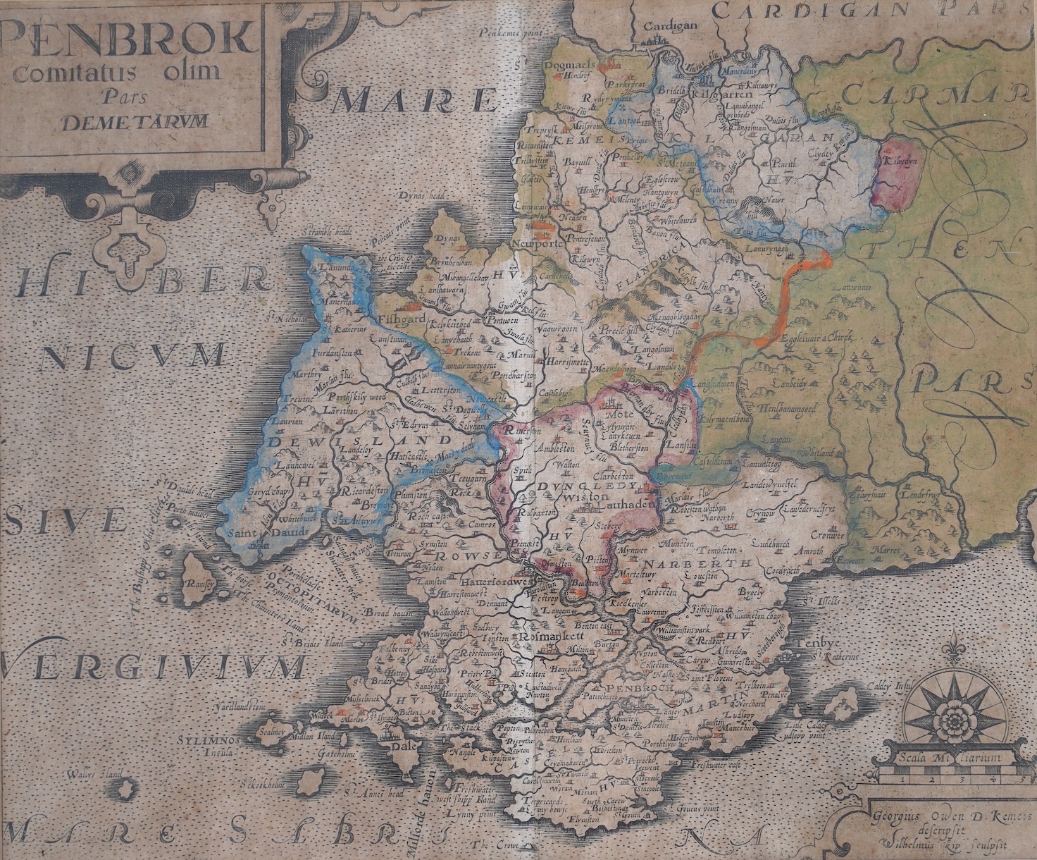 George Owen and William Kip, hand coloured engraved map of Pembroke (Penbrok), 27 x 32cm. Condition - poor, discolouration and fading all over